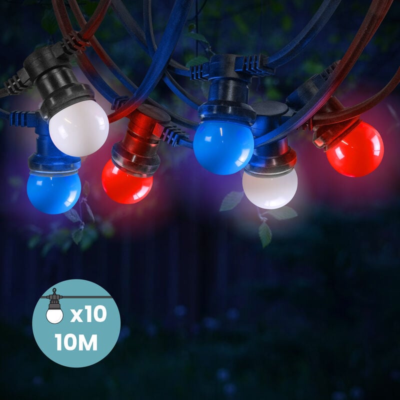 Guirlande Guinguette IP65 10m Bleu Blanc Rouge Extensible - Guirlande Lumineuse 10 Bulbes Thème France - Guirlande Guinguette Extérieure pour