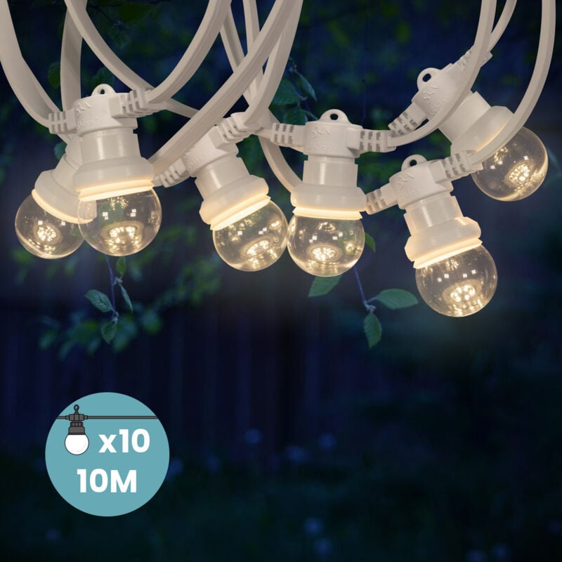 Guirlande Guinguette 10M Cable Blanc IP65 - Guirlande Electrique Exterieur 10 Bulbes Transparents - Guirlande Guinguette Décoration pour Jardin et