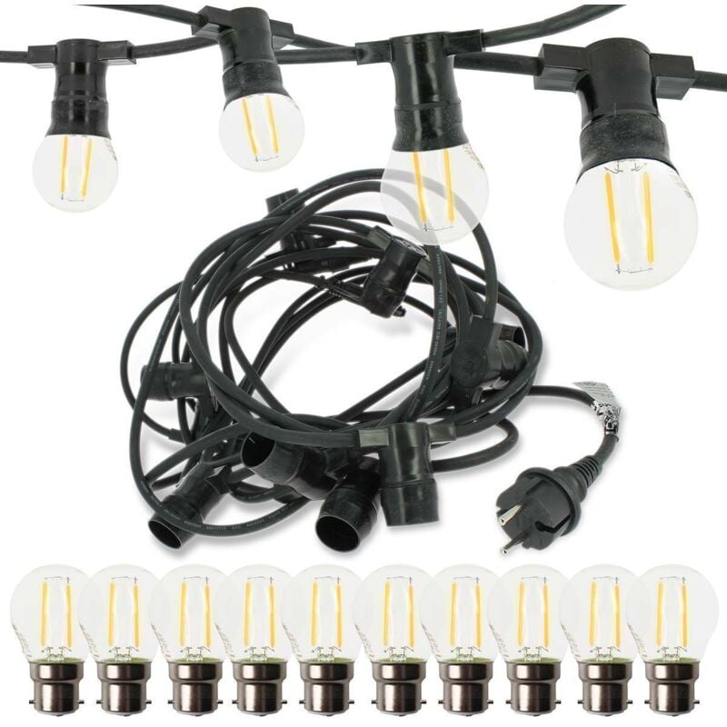 Guirlande guinguette Professionnelle 10 Ampoules led B22 2W Blanc Chaud 10 mètres Interconnectable