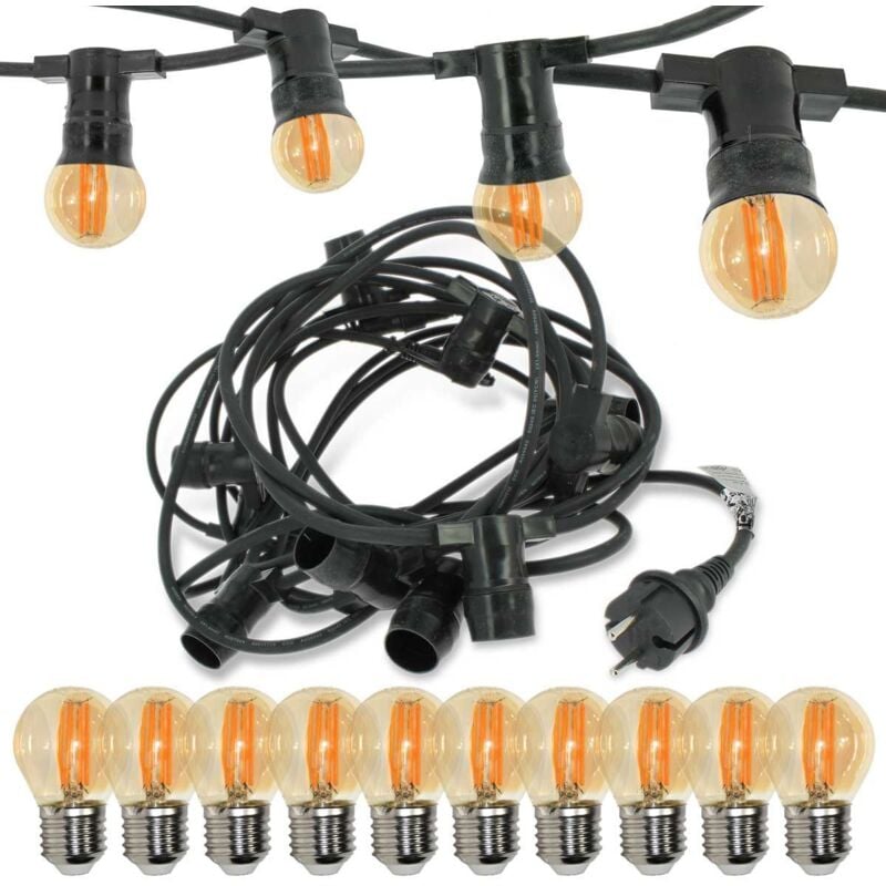 Guirlande guinguette Professionnelle 10 Ampoules led E27 4W Blanc Chaud Ambrée 10 mètres Interconnectable
