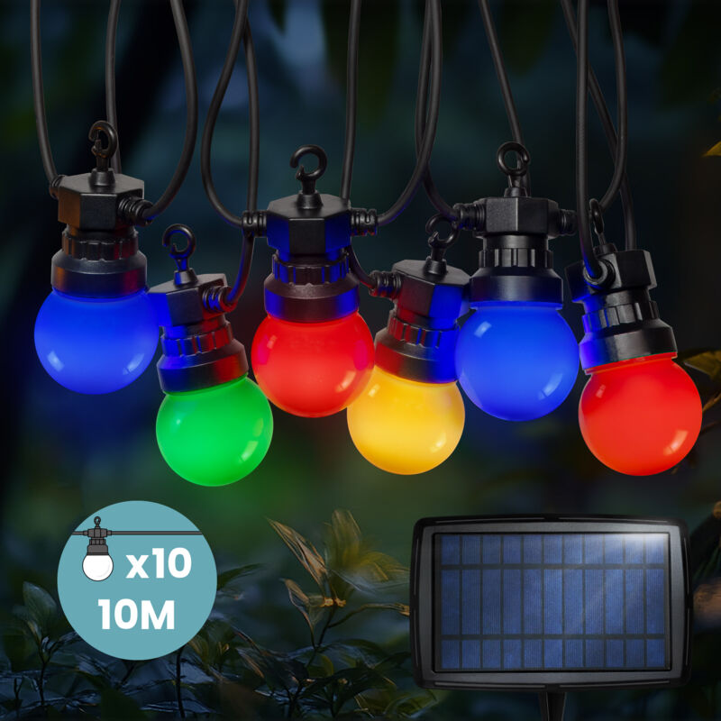 Guirlande Solaire Extérieur 10M Multicolore +3M de câble - Guirlande Lumineuse Exterieure Solaire 10 Bulbes Multicolore - Guirlande Guinguette