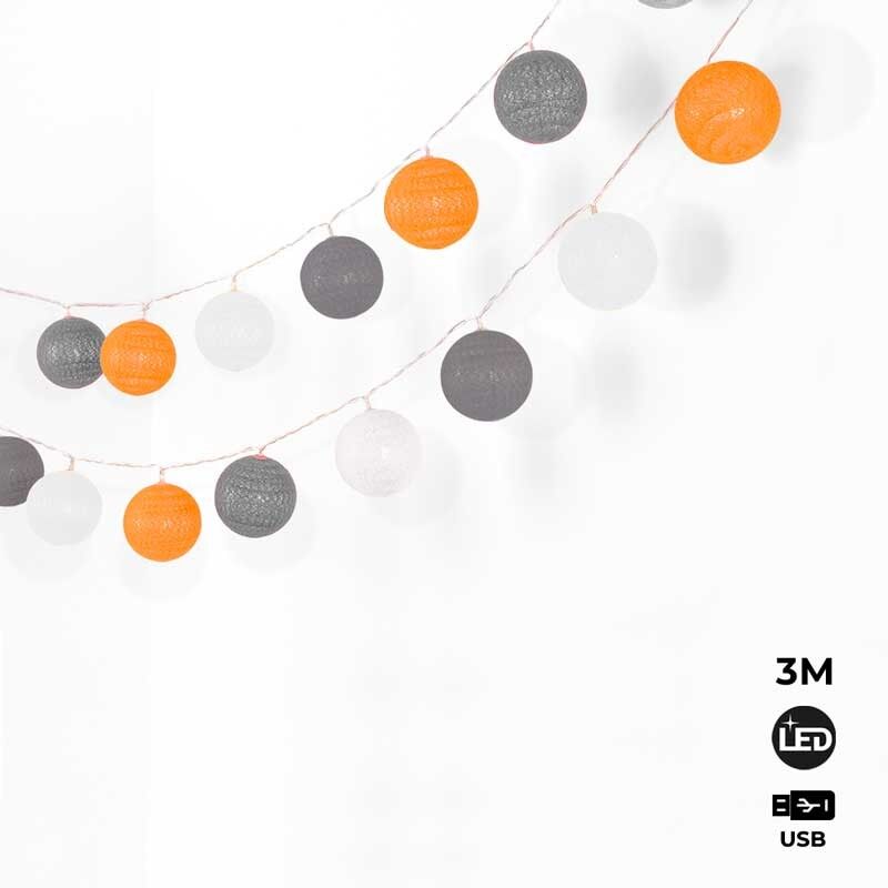 Guirlande boule lumineuse 3mètres IP44 Prise USB - Rose, Blanc, Gris, Orange