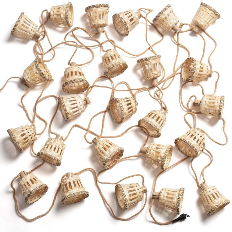 Efectoled – Guirlande lumineuse d'extérieur 14m – 25 paniers en rotin – Câble textile marron – Étanche pour usage extérieur