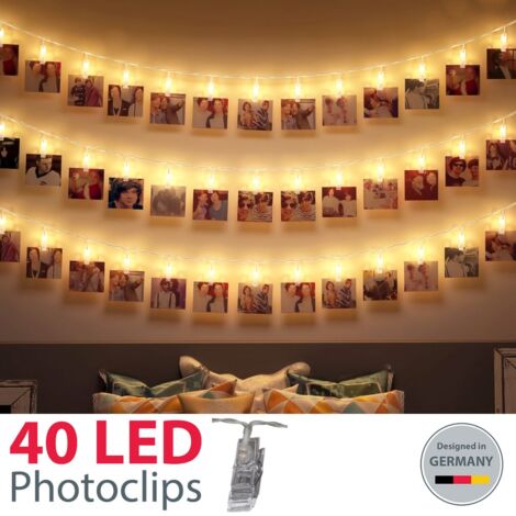 B.K.Licht guirlande lumineuse porte photos, ruban porte photos avec pinces, bande lumineuse 40 LEDs, luminare intérieur decoratif, 120 lm, IP20, longueur 5m