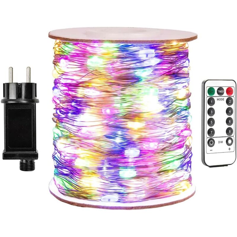Guirlande lumineuse 100 m 1000 LED Fil de cuivre argenté Étanche Intérieur/Extérieur avec télécommande, Lumière colorée.