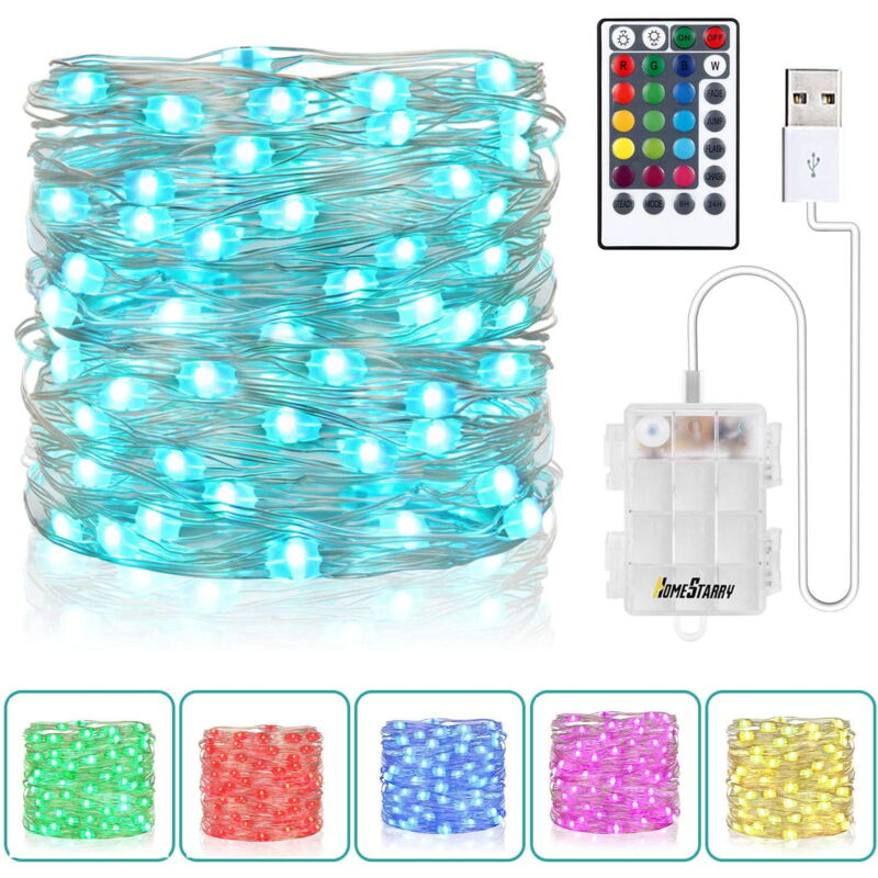 Guirlande lumineuse 16 couleurs, alimentée par piles et usb, 10 m, 100 led, avec télécommande, boîtier étanche 3 piles aa, pour décoration intérieure