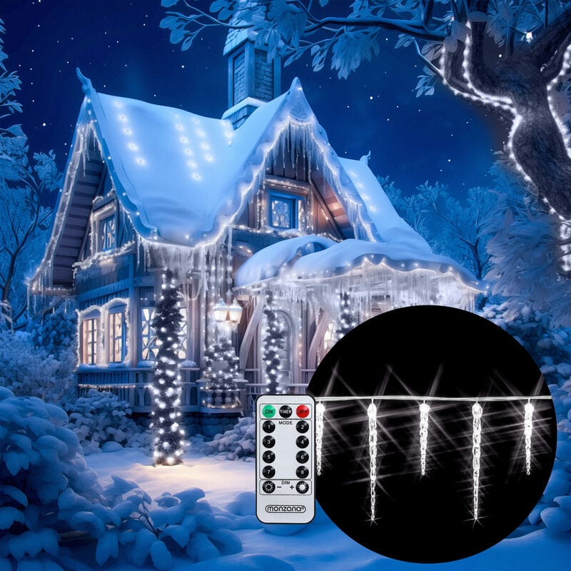 Guirlande lumineuse 40/80 led 10,4/13 m blanc/bleu stalactite télécommande minuterie classe de protection IP44 8 modes guirlande intérieur extérieur