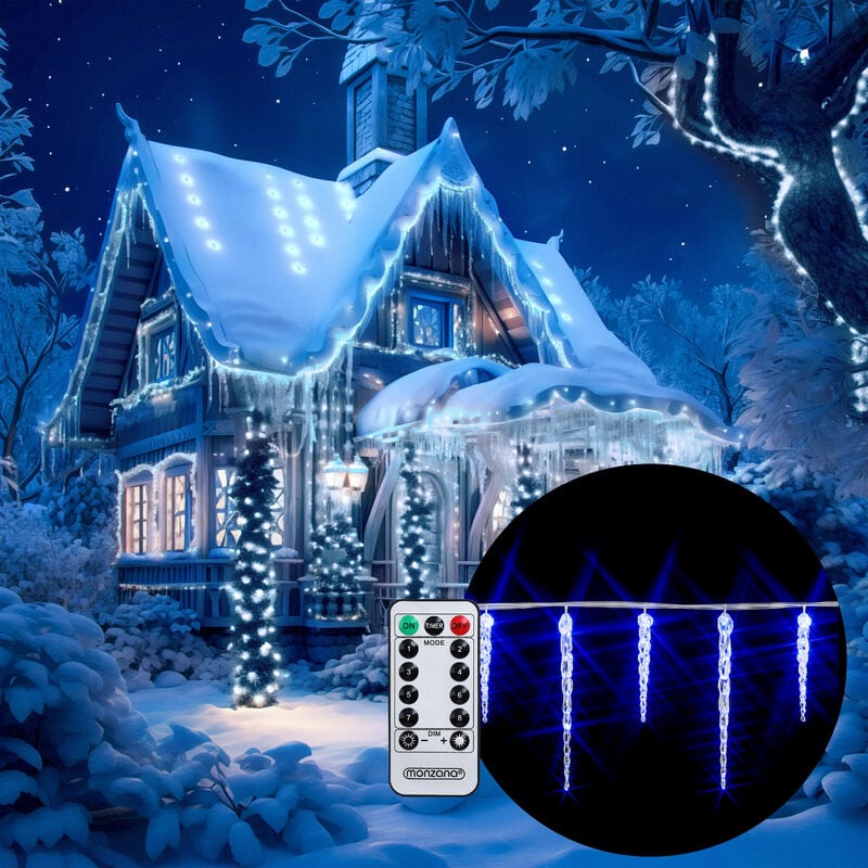 Guirlande lumineuse 40/80 led 10,4/13 m blanc/bleu stalactite télécommande minuterie classe de protection IP44 8 modes guirlande intérieur extérieur