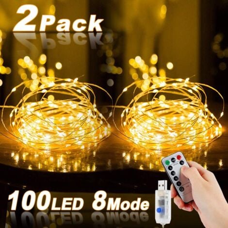 LANGRAY Guirlande lumineuse à LED, 2 pièces 10M 100LED USB fil de guirlande étanche avec interrupteur, guirlande lumineuse d'ambiance en fil de cuivre pour chambres, intérieur, Noël, extérieur, fête, mariage,