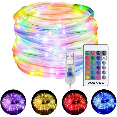 Guirlande lumineuse à LED d'extérieur, guirlandes lumineuses à changement de couleur RVB de 33 pieds avec 100 LED, 4 modes, 16 couleurs, lampe à tube de corde alimentée par USB avec télécommande, étan