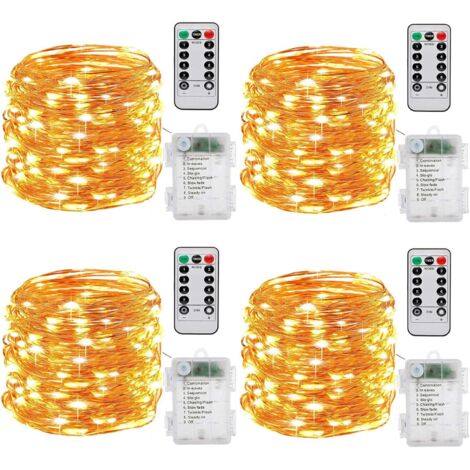 Guirlande lumineuse à Pile,[Lot de 4] 10m 100 LEDs Fonction Minuterie avec Télécommande IP65 Etanche,fil de cuivre avec 8 modes de lumière pour Décoration intérieur et extérieur (chaud)