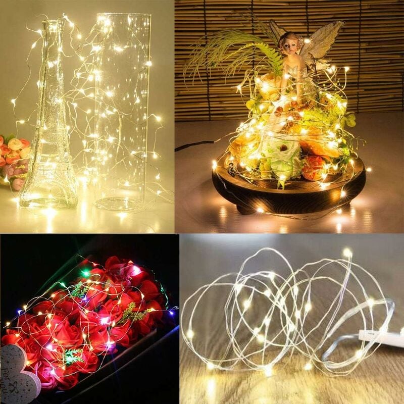 Guirlande lumineuse à Pôles (incluse) Lot de 20 fils de cuivre étanches 1 m avec 10 led blanches chaudes pour décoration d'anniversaire, fête,