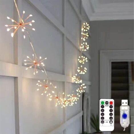 Guirlande lumineuse blanc chaud effet feu d'artifice, télécommande USB, 8 modes, guirlande lumineuse féérique à suspendre (200 LED - 10 en 1)