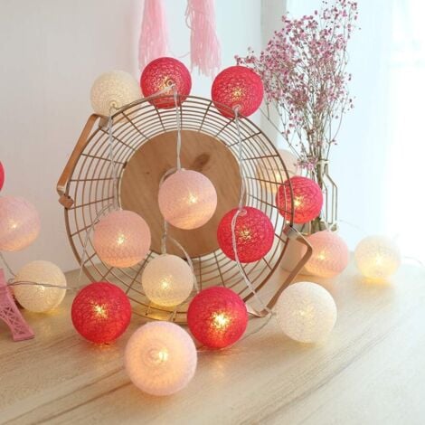 SOEKAVIA Guirlande Lumineuse Boule Coton, Interieur Decoration Noël Deco, 3M 20er LED Globe Light, Fille, Princesse, Enfant, Bebe, Chambre Mariage Atmosphera Décorations, Piles/Batterie (6cm Rose/Rouge)