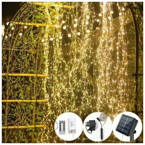 Guirlande lumineuse cascade, 200 LED pour extérieur, 8 modes d'éclairage solaire, guirlande lumineuse décorative étanche IP65 pour jardin, cour, patio, mariage, Noël (blanc chaud)
