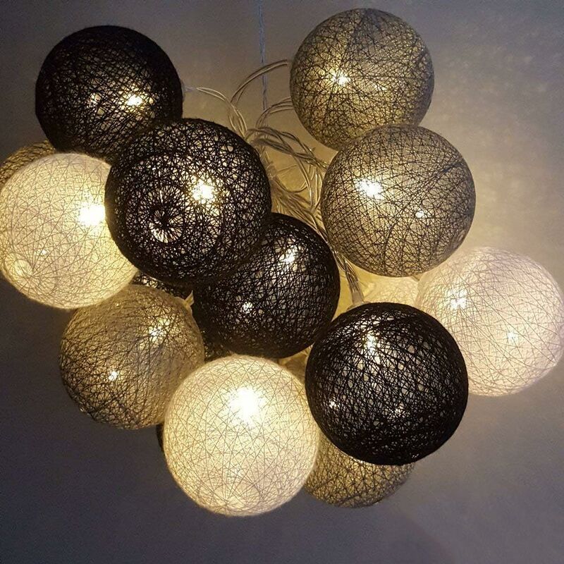 Guirlande Lumineuse Coton Boules Batterie(Gris) - 3.8M 20 lumières led Éclairage pour Chambre Rideau Fête Noël Anniversaire Halloween Mariage Chambre