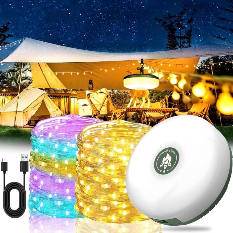Guirlande Lumineuse De Camping, 10m Guirlande Camping Rechargeable, 8 Modes D'éclairage, 2000mah, Dure Jusqu'à 12 Heures, Lampe Camping, Rgb