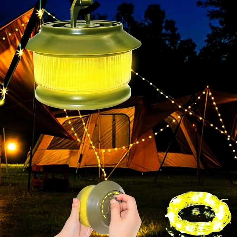 Guirlande lumineuse de camping enroulable, 20 m, batterie 3000 mAh, 350 lumens, 5 modes d'éclairage, étanche, portable, rechargeable, pour le