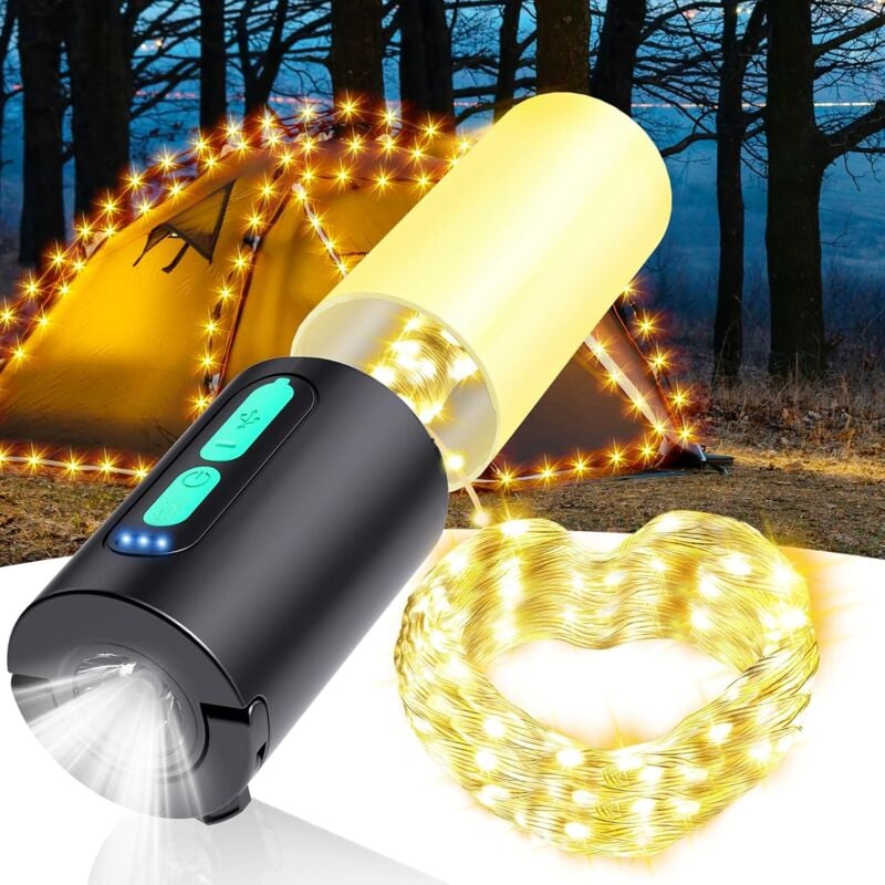 Guirlande lumineuse de camping - Lanterne de camping avec guirlande lumineuse (33 pieds), lampes de poche rechargeables avec chargeur 4000 mAh, lampe