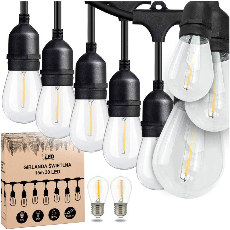 Guirlande lumineuse de jardin 15 m x 30 ampoules E27 étanche IP65, utilisable toute l'année