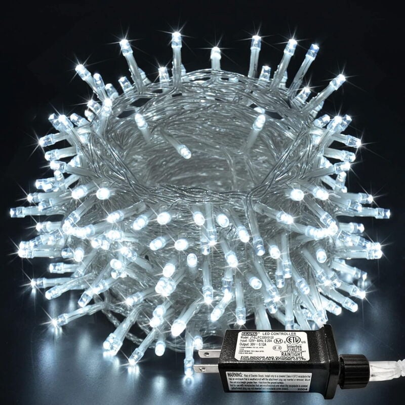 Guirlande lumineuse de Noël 20 m, 200 led, fil transparent, 8 modes, étanche, scintillante, à brancher, pour sapin, chambre, mariage, fête