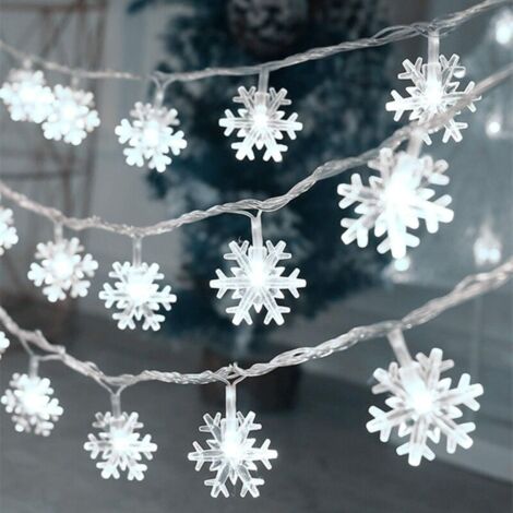 Guirlande lumineuse de Noël à 40 LED à piles étanche pour Noël, jardin, terrasse, chambre à coucher, décoration intérieure, extérieur (flocon de neige) Blanc froid
