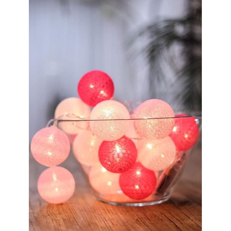 Guirlande lumineuse dextérieur Guirlande Rose Lumineuse Coton Boules Batterie - 3.3M 20 lumières LED Éclairage pour Chambre Rideau Fête Noël