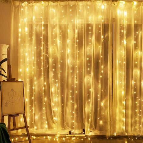 Guirlande lumineuse d'extérieur，Rideau lumineux LED 3 m x 3 m, 300 LED, USB, étanche, 8 modes, lumière blanche chaude pour décoration de fête, de mariage, d'anniversaire, de jardin, de fenêtre, intéri