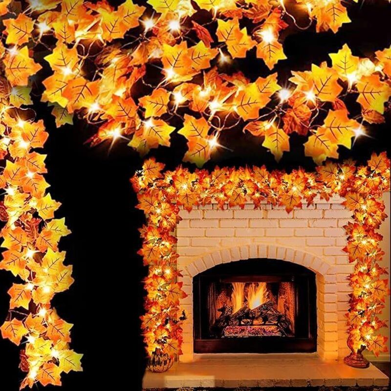 Guirlande lumineuse en érable à 50led, 16,4 pieds, 2 paquets, fonctionne à piles, décorations d'automne pour Thanksgiving et Halloween pour la maison