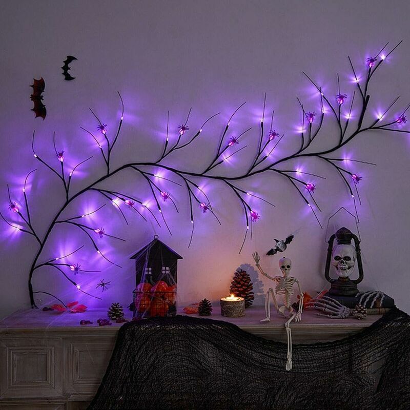 Guirlande lumineuse en rotin pour Halloween, violette, alimentée par batterie, adaptée pour Halloween, maison, fête, décoration murale intérieure et