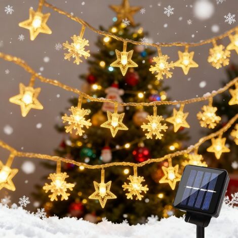 Guirlande Lumineuse Étoile Solaire Noël, 6.5m 30 Led Flocons De Neige Guirlandes Lumineuses Étanche 8 Modes, Décoration Pour Extérieure, Jardin, Fête, Mariage, Anniversaire, Blanc Chaud [Classe Énergé