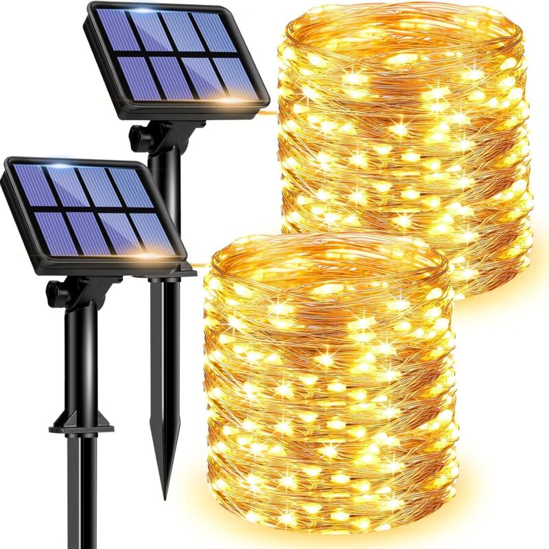 Guirlande Lumineuse Exterieur Solaire, 12m 100 led Guirlande Solaire Exterieur Jardin Étanche 8 Modes Décoration Lumière pour Cour, Noël