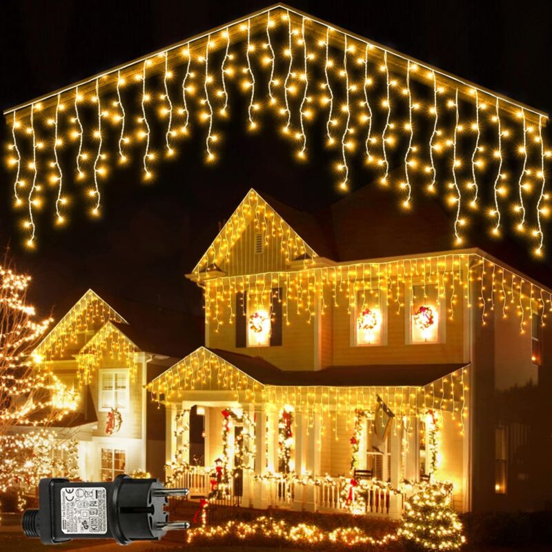 Guirlande Lumineuse Extérieure, 10M 400 led Rideau Lumineux Noël avec Étanche Minuterie 8 Modes Mémoire Connectable Guirlande Lumineuse Rideau pour