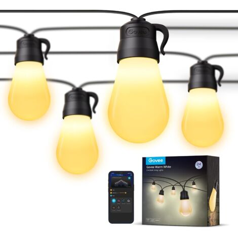 Guirlande Lumineuse Extérieure, 24ft App Control Smart Lights avec 15 Ampoules LED Blanc Chaud Dimmable, IP65 Imperméable Incassable Patio Lights avec 6 Modes Scène pour Balcon, Cour, Fête, Mariage