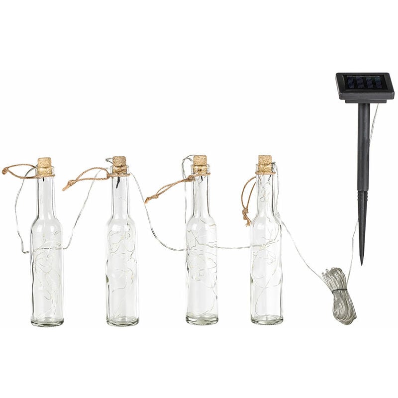Lampe d'extérieur Chaîne lumineuse Jardin Lampe solaire 4 flammes, LED Lampe de terrasse verre bouteilles claires Décoration de jardin, 12x LED blanc