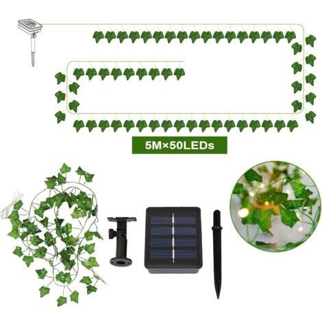 Guirlande Lumineuse Exterieure Solaire 5M 50 LEDs, Lierre Artificiel Guirlande Lumineuse pour Jardin, Cour, Maison, Patio, Exterieur Célébration, Fête de Mariage Décoration,forme de feuille d'érable