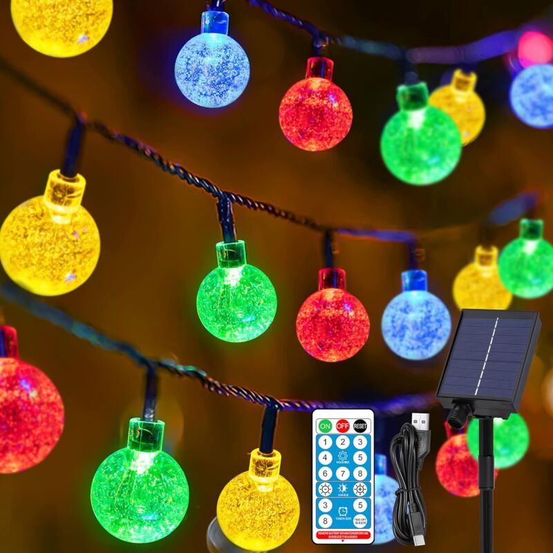 Guirlande Lumineuse Extérieure Solaire Noël Guinguette, 12M/39ft 100LED Cristal Boules Guirlande Solaire 8 Modes IP65 Étanche Solaire Exterieur