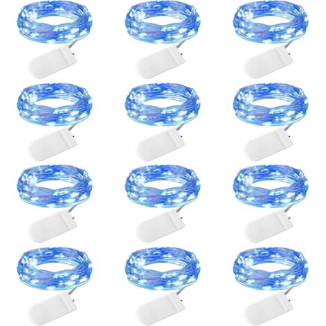Guirlande lumineuse féérique à piles, 12 LED, 2 mètres de long, 20 LED, fil argenté étanche, motif lucioles, étoiles et lune, bleue