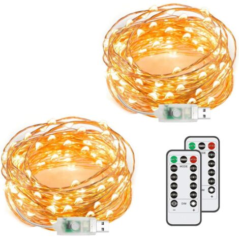 Guirlande lumineuse féérique USB, lot de 2 guirlandes étoilées avec télécommande, cuivre étancheLumières (blanc chaud)