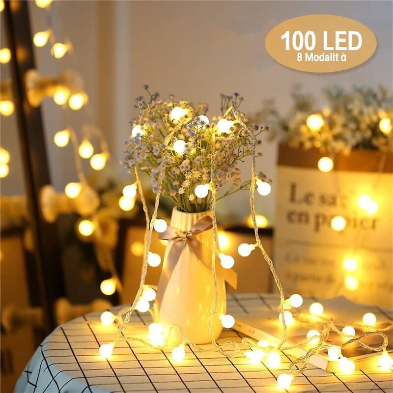 Guirlande lumineuse Globes, Chenci 10 mètres 100 LED, blanc chaud, 8 modes d'éclairage, décoration intérieure pour salon, chambre, jardin, balcon,