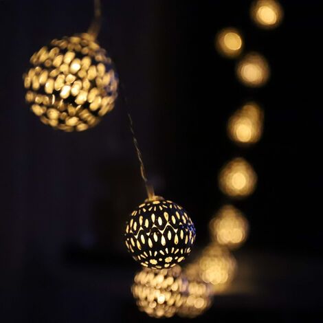 Guirlande Lumineuse Marocaine, alimentée par Batterie, 20 Globes Lumineux  en Métal Doré pour Décoration d'intérieur, fête de Mariage, Noël,  Intérieur
