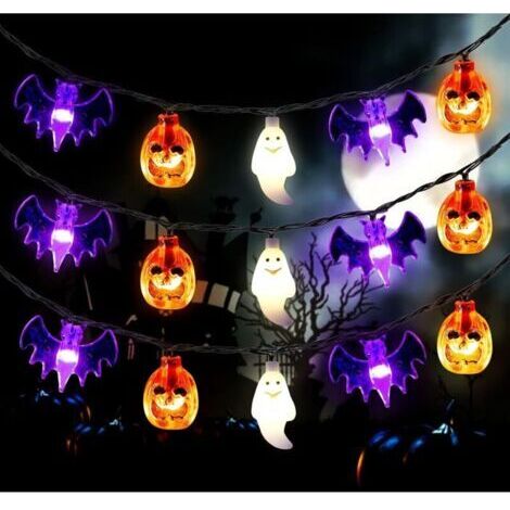 Guirlande lumineuse Halloween à piles 20 pieds 30 LED citrouille chauve-souris fantôme lumières avec minuterie – 8 modes d'éclairage lumières de décoration d'Halloween