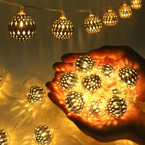 Guirlande Lumineuse Intérieur Marocaine, 20 LED Marocaine Lampes Minuterie à Piles, Guirlande Lumineuse Boules Doré Style Oriental pour Chambre, Balcon, Ramadan, Mariage, Noël