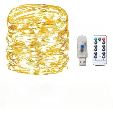 Guirlande lumineuse LED, 1 paquet, alimentée par piles, fil de cuivre étanche, avec télécommande, pour chambre à coucher. Guirlande lumineuse de Noël Lucioles, 8 modes (10,8 m, blanc chaud)