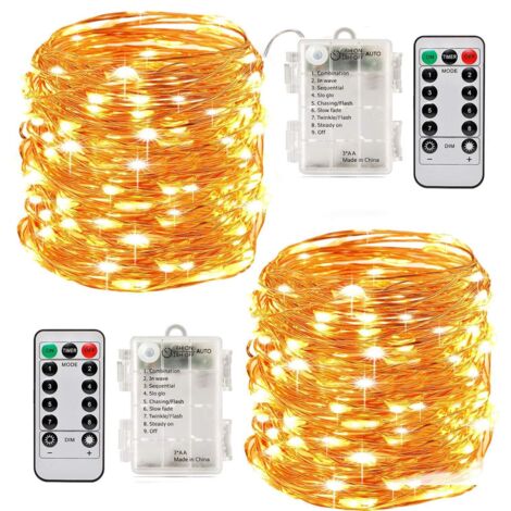 Guirlande lumineuse LED à piles (2 pièces), 100 LED, 10 m, étanche, 8 modes d'éclairage, avec télécommande (blanc chaud)