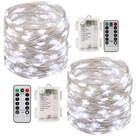 Guirlande lumineuse LED à piles (2 pièces), 100 LED, 10 m, étanche, 8 modes d'éclairage, avec télécommande (blanc froid)