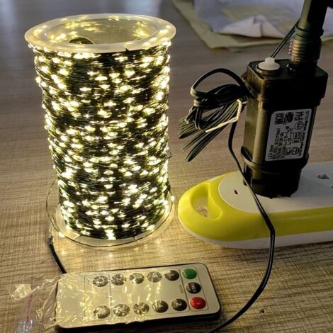 Guirlande lumineuse LED blanc chaud 20 m avec interrupteur – Guirlande lumineuse LED enrouleur 20 m – Décoration de chambre, 20 m, 200 lumières avec boîtier à piles étanche et télécommande