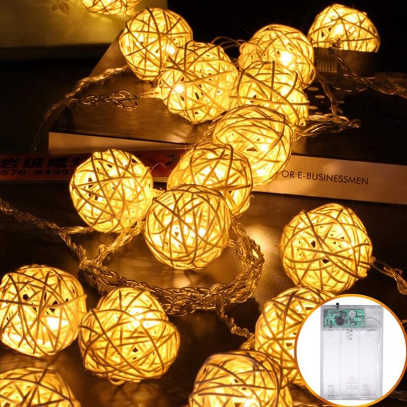 Guirlande lumineuse LED boules en rotin, 5 m, 40 LED, à Pôles, étanche, IP44 Boules en rotin, Guirlande lumineuse, Décoration de Noël pour mariage,