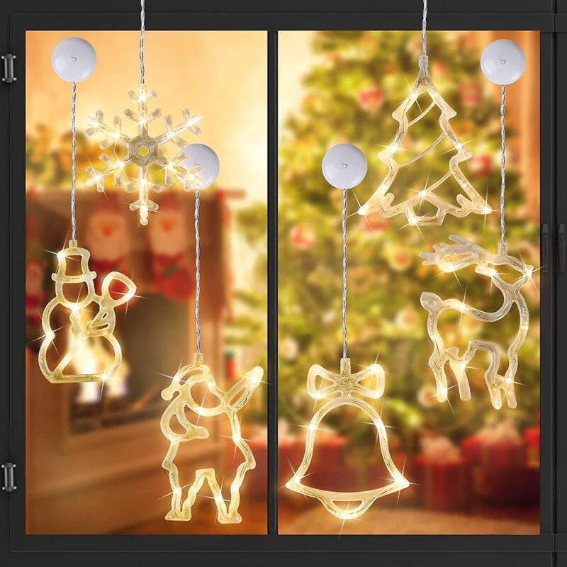 Guirlande lumineuse LED de Noël, 6 pièces avec ventouses, éclairage de fenêtre, rideaux lumineux LED pour décoration de Noël, décoration de fenêtre,