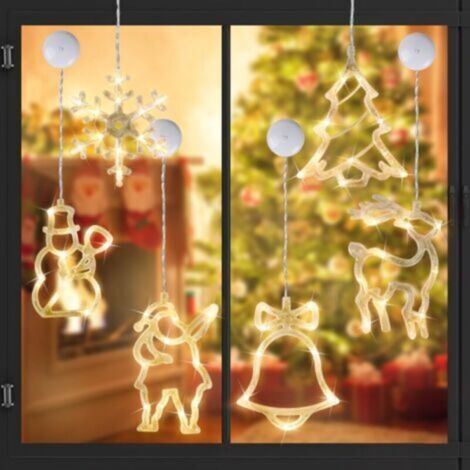 Guirlande lumineuse LED de Noël, 6 pièces avec ventouses, lumières de fenêtre, rideaux lumineux LED de décoration de Noël, décoration de fenêtre, fonctionne à piles (non incluses)